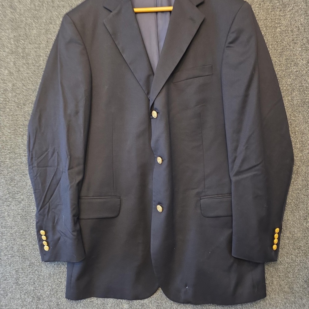 T. Harris Blazer Sport Coat Mens 44L Blue 100% Wool Gold Button Jacket Old Money